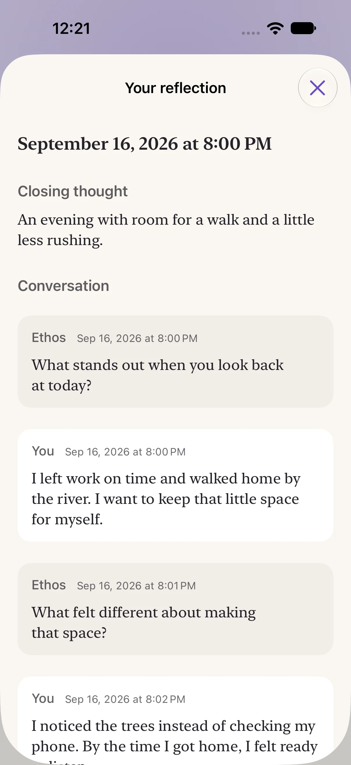 A saved Ethos reflection shows the question and an illustrative reply about leaving work on time and walking home by the river.